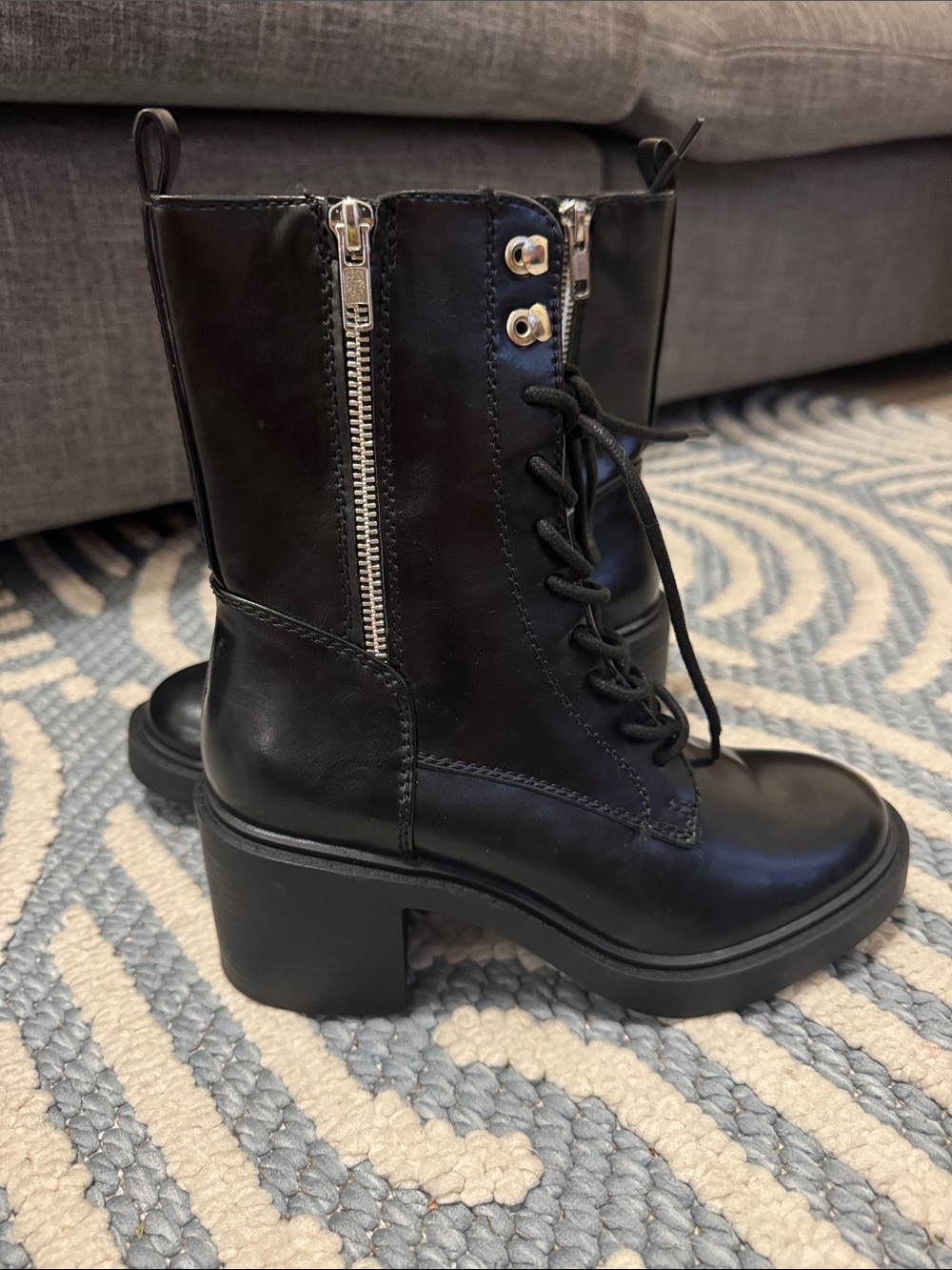 MIA Black Lace-Up Combat Boots Size 6 Chunky Heel Side Zip